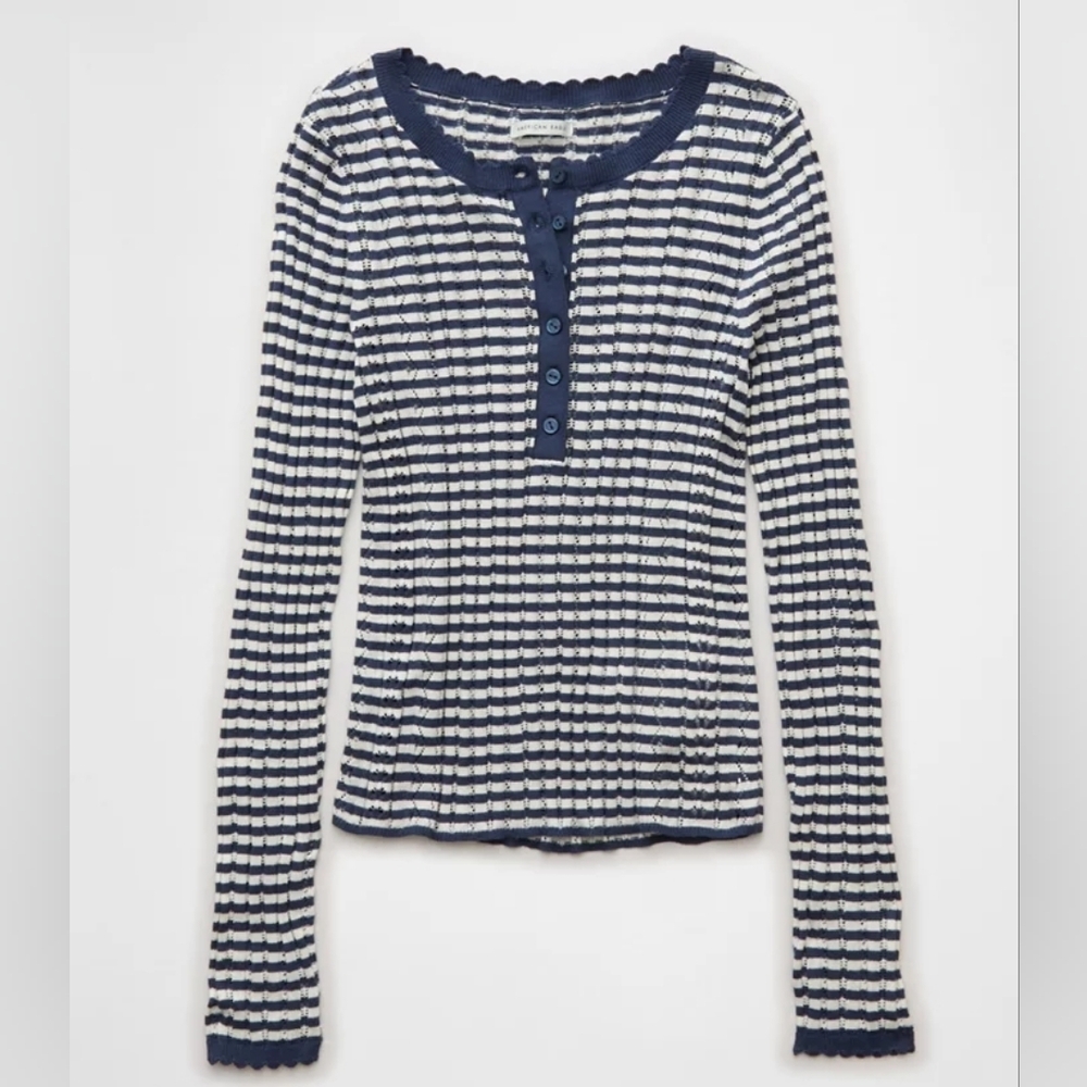 Striped Navy and White Ribbed Henley Long Sleeve
